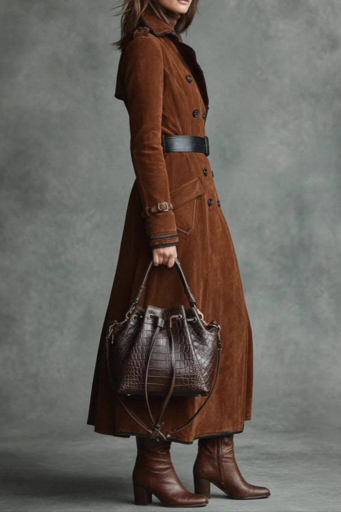 Suede Lapel Western Long Stylish Overcoat