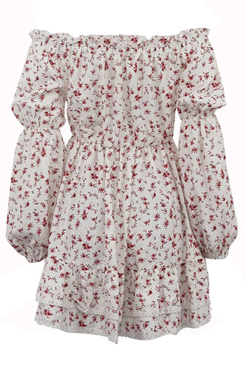Off Shoulder Puff Sleeve Ruched Waist A Line Floral Dress