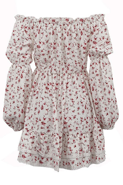 Off Shoulder Puff Sleeve Ruched Waist A Line Floral Dress