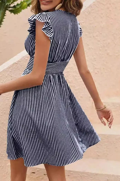 Striped V-Neck Ruffle Cap Sleeve Smocked Waist A-Line Mini Dress