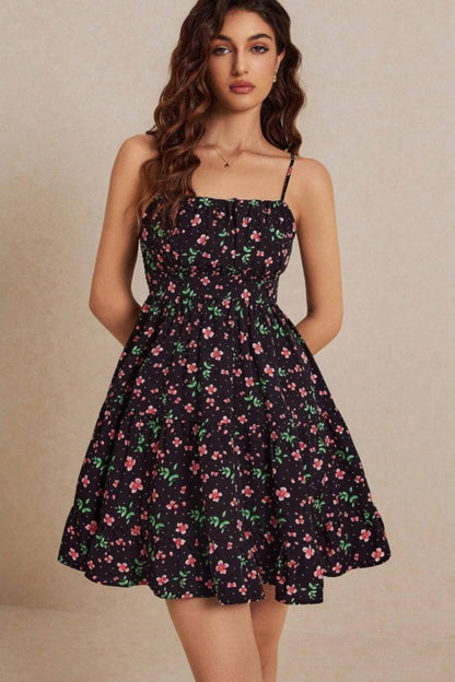 Ditsy Floral Polka Dot Print Tiered Ruffle Spaghetti Strap Mini Dress