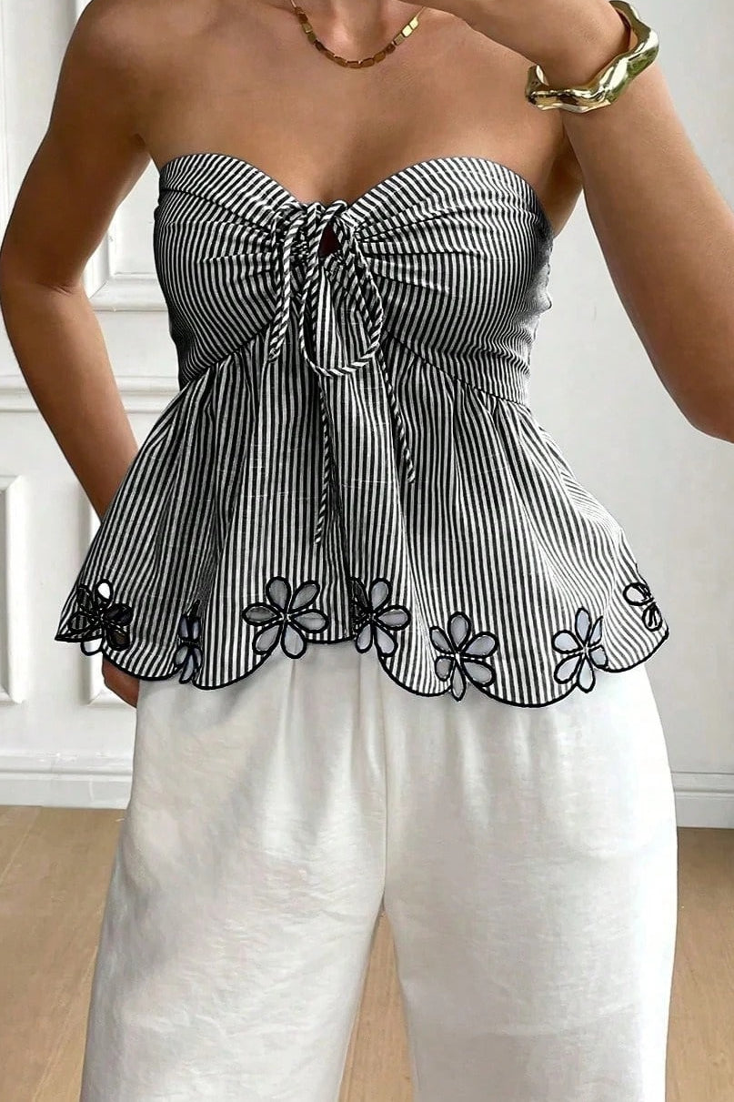 Embroidered Trim Plaid Tie Front Tube Top