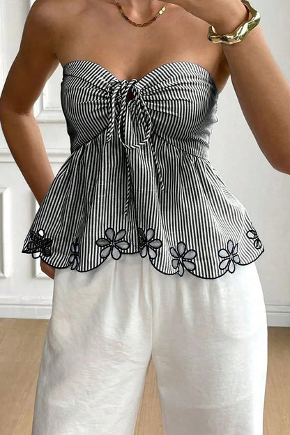 Embroidered Trim Plaid Tie Front Tube Top