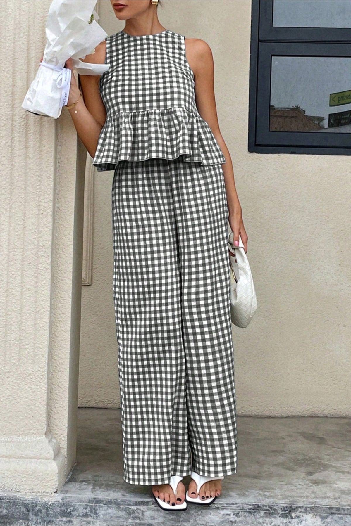 Plaid Ruffle Hem Round Neck Sleeveless Pants Set