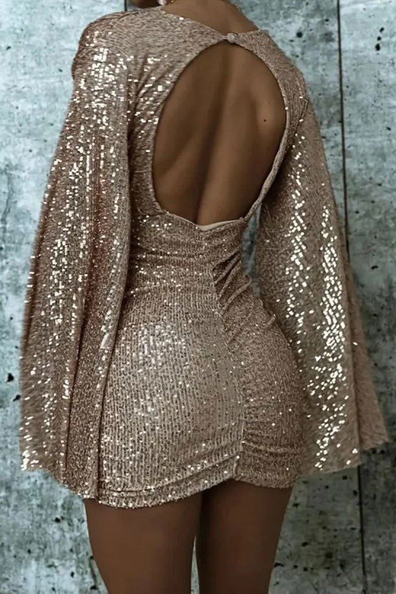 V Neck Bodycon Asymmetric Sequin Cocktail Dress