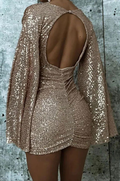 V Neck Bodycon Asymmetric Sequin Cocktail Dress