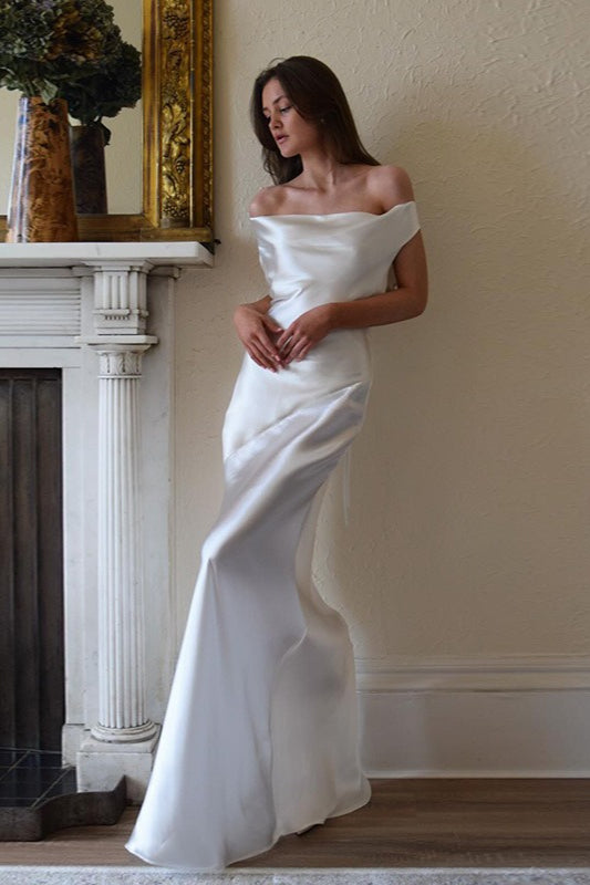 Satin Off Shoulder Backless Tie Waist Slim Fit Long Sexy Prom Dress