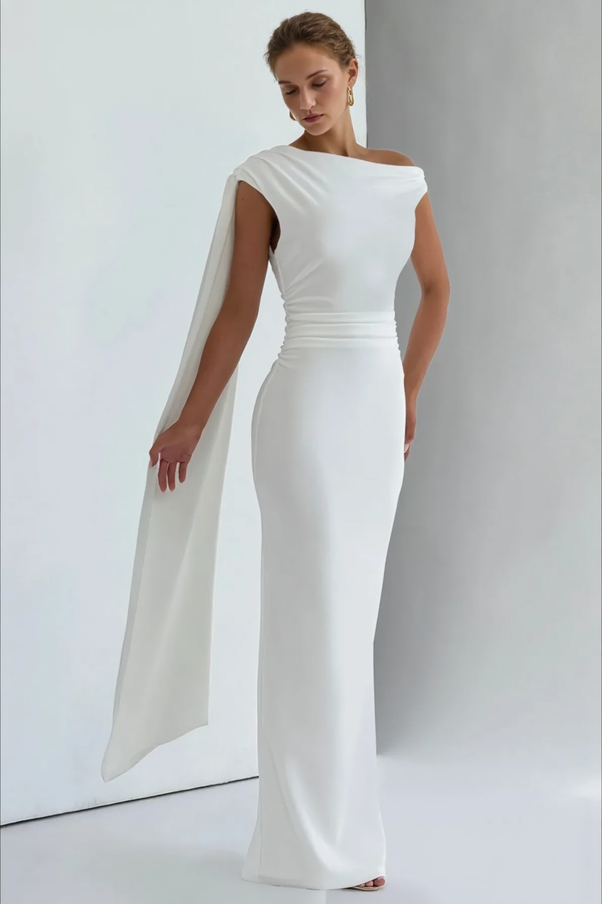 Sexy Asymmetrical Neck Long Sleeve Fitted Ruched High Waist Party Dress