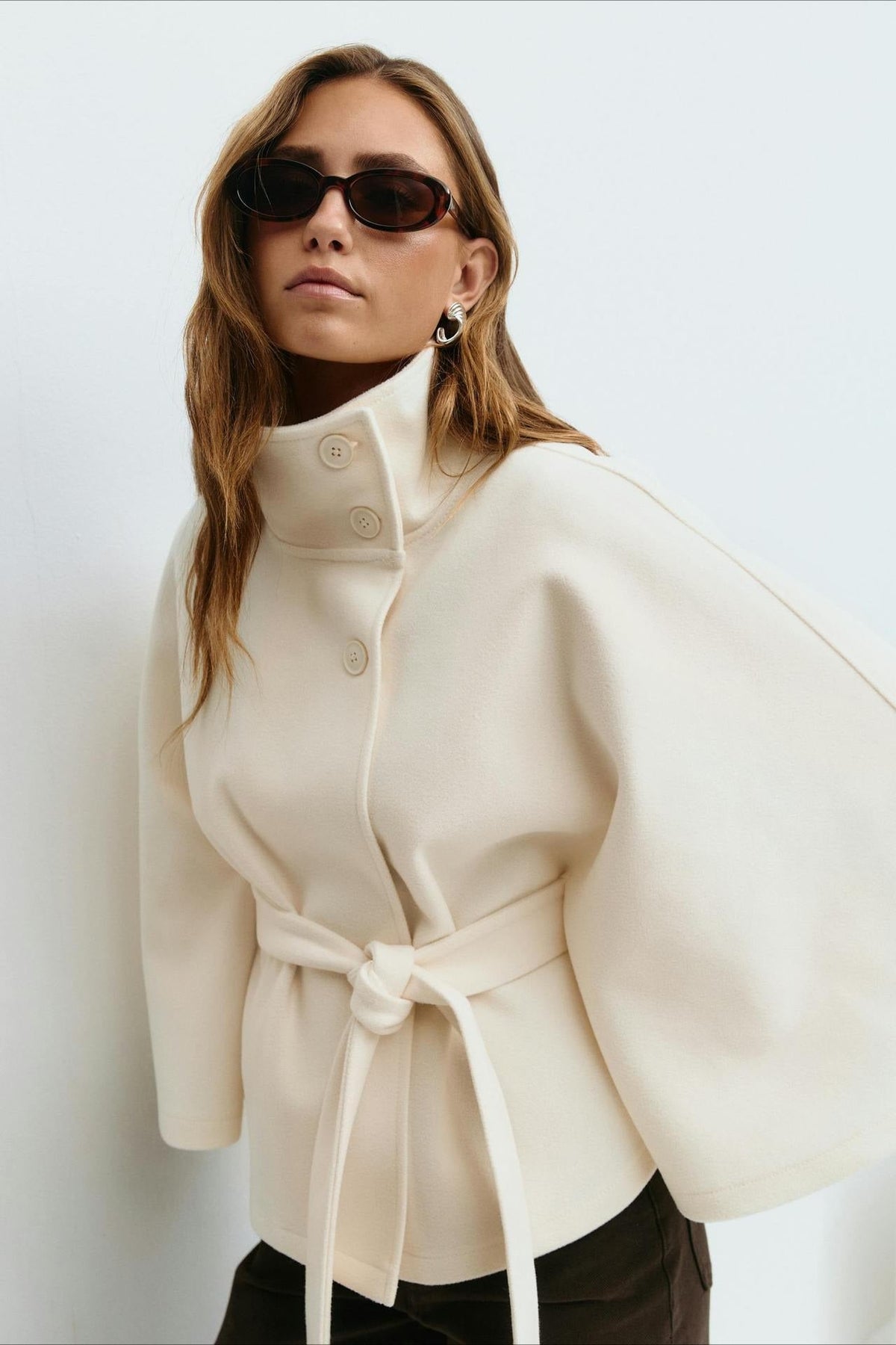 High Neck Button Detail Batwing Sleeve Coat