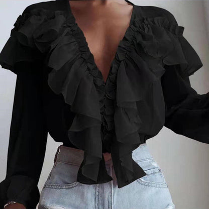 Loose-fit V-neck pullover chiffon shirt with ruffles