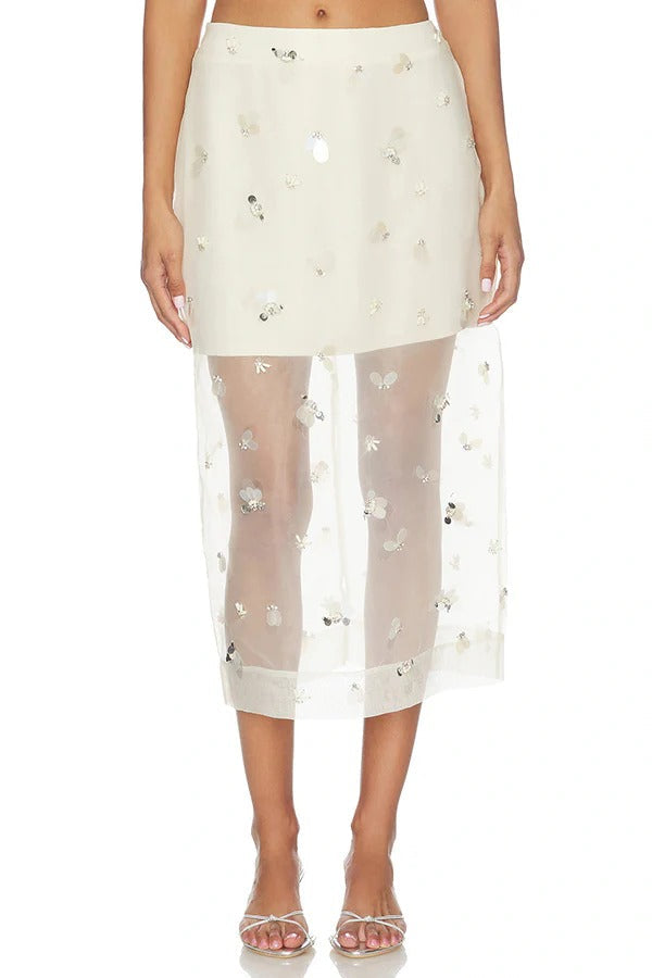 Chic Moment Sequined Organza Fabric Mid Rise Zipper Slit Midi Skirt
