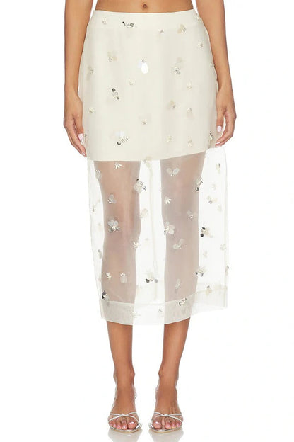 Chic Moment Sequined Organza Fabric Mid Rise Zipper Slit Midi Skirt