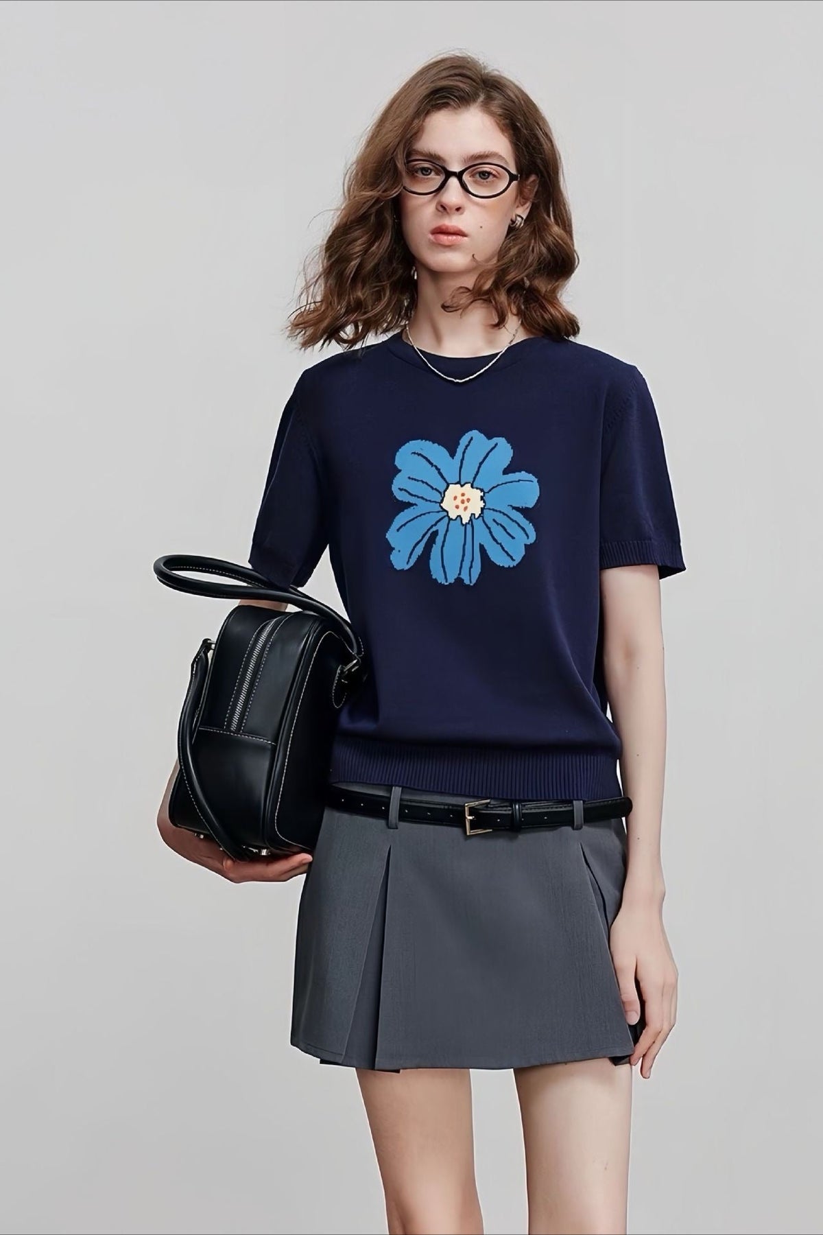 Botanical Print Round Neck Knit Top