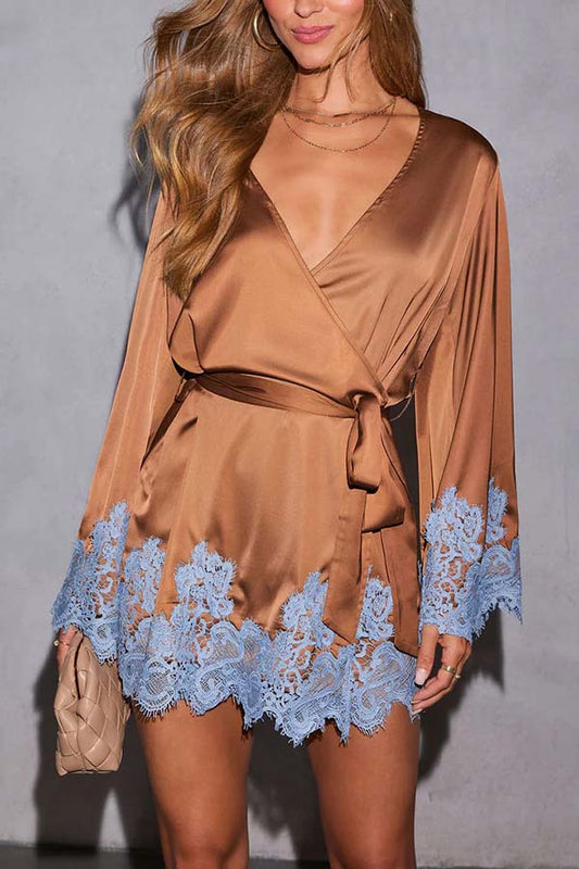 Joyful Bond Satin Lace Trim Contrast Color Bell Sleeve Tie-up Kimono Mini Dress