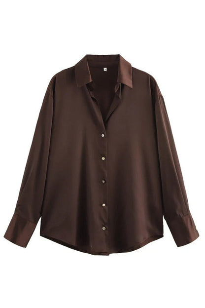 Solid Color Silk Satin Texture Single-breasted Long-sleeved Loose Shirt