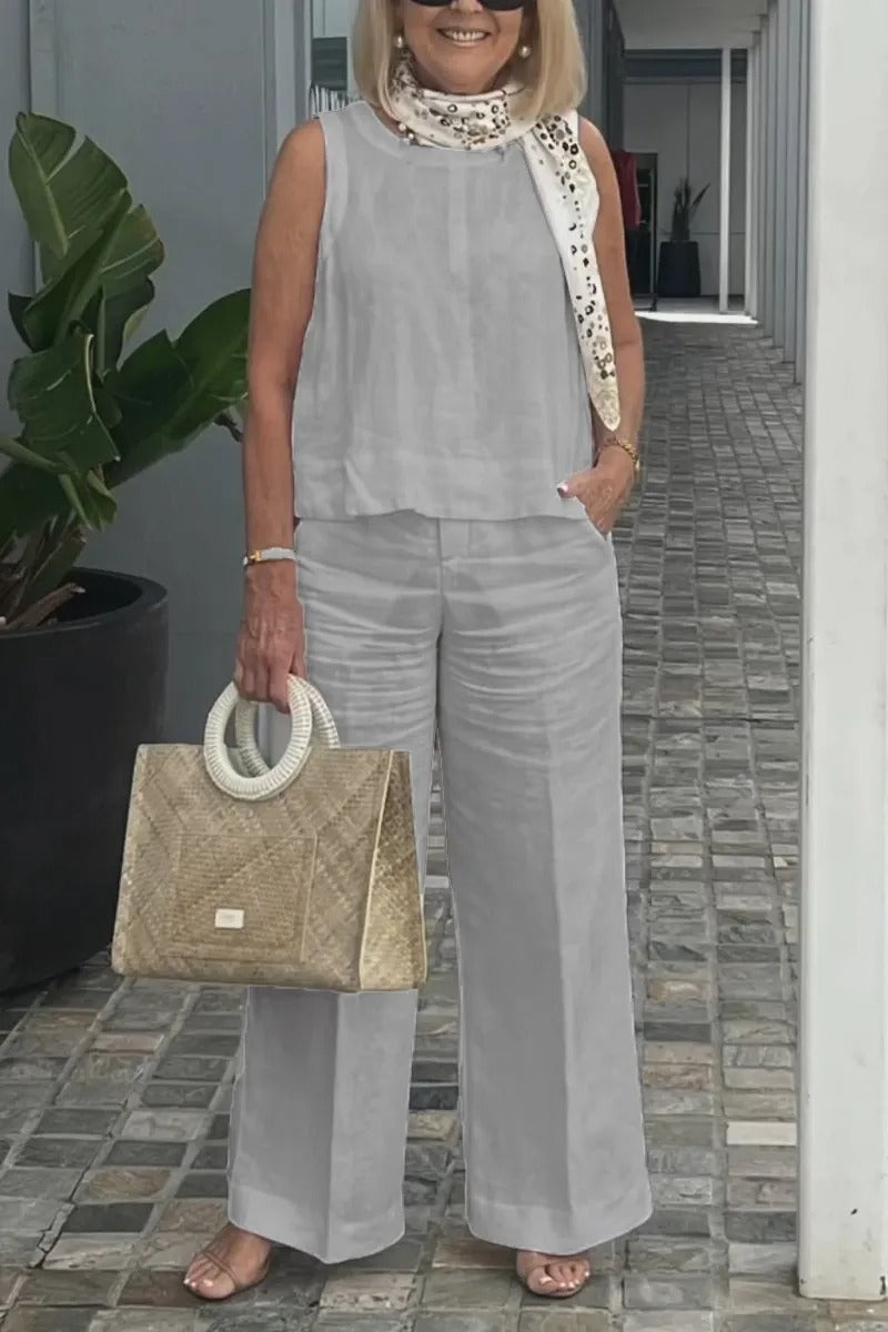 Cotton and Linen Sleeveless Top and Wide-Leg Pants Two-Piece Set