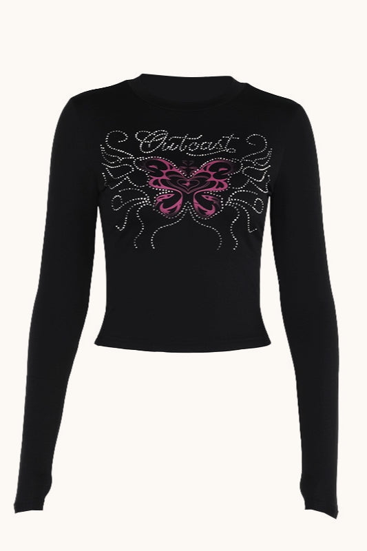 Rhinestone Butterfly Long Sleeve Tee