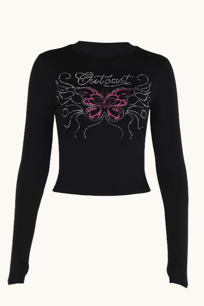 Rhinestone Butterfly Long Sleeve Tee
