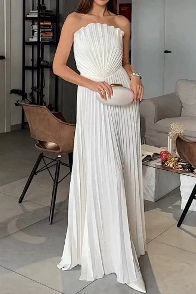 Elegant Solid Pleated Flared Formal Dress