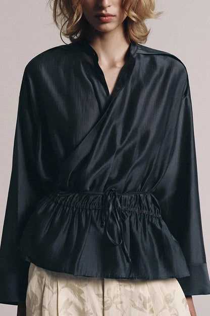Adrenia Lyocell Blend Long Sleeve Gathered Waist Detail Relaxed Blouse