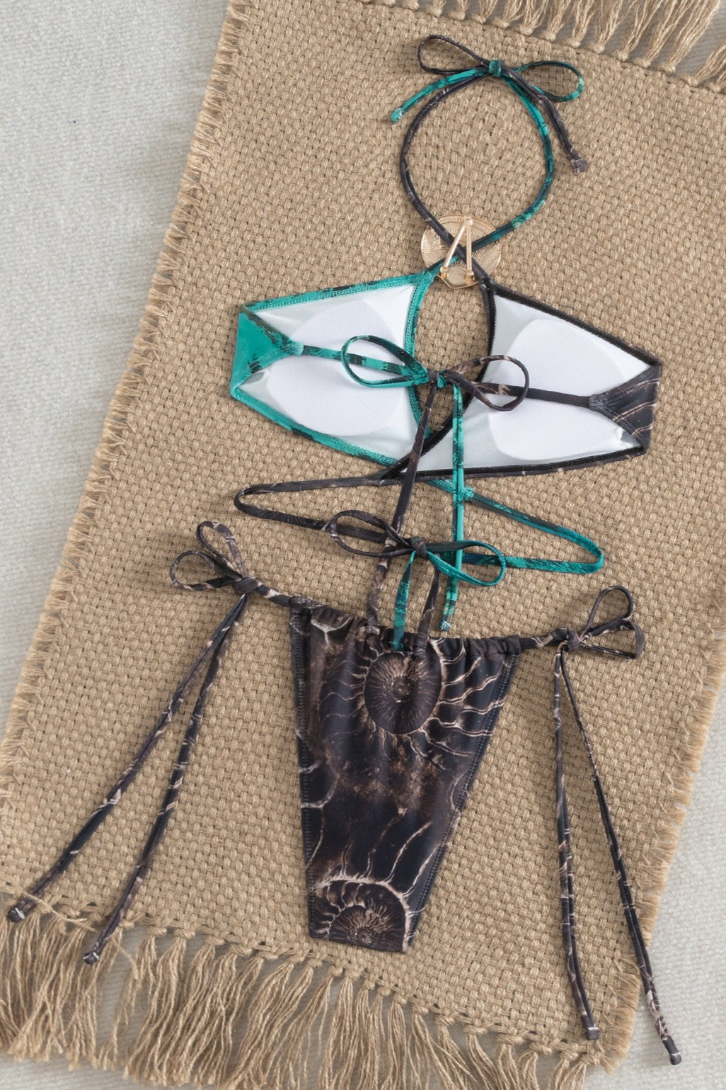 Metal Halter Blue Brown Color Block Bikini Set