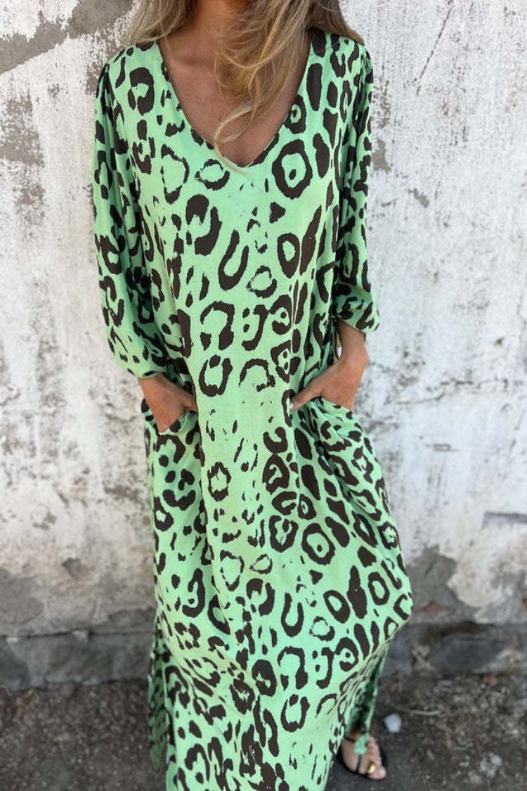 Leopard Print V-neck Pullover Long-sleeved Loose Dress