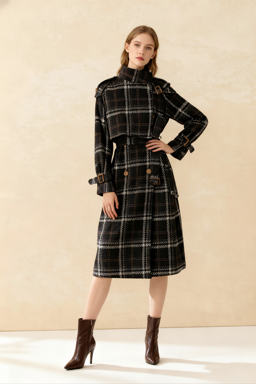 Autumn Winter Long Loose Warm Plaid Wool Blends Sleeve Belt Double Breasted Woolen Stylish Coat