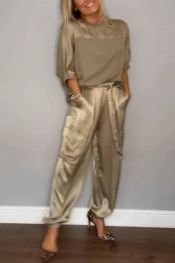 Satin Gloss Drawstring Waist-Defining Wide-Leg Workwear Set