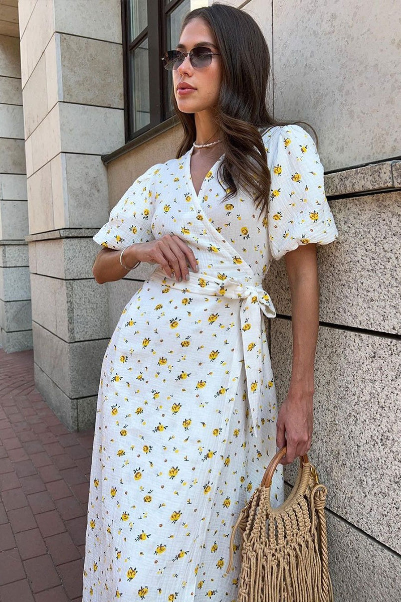 Cotton Printed V Neck Puff Sleeve Floral Dress