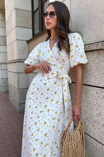 Cotton Printed V Neck Puff Sleeve Floral Dress