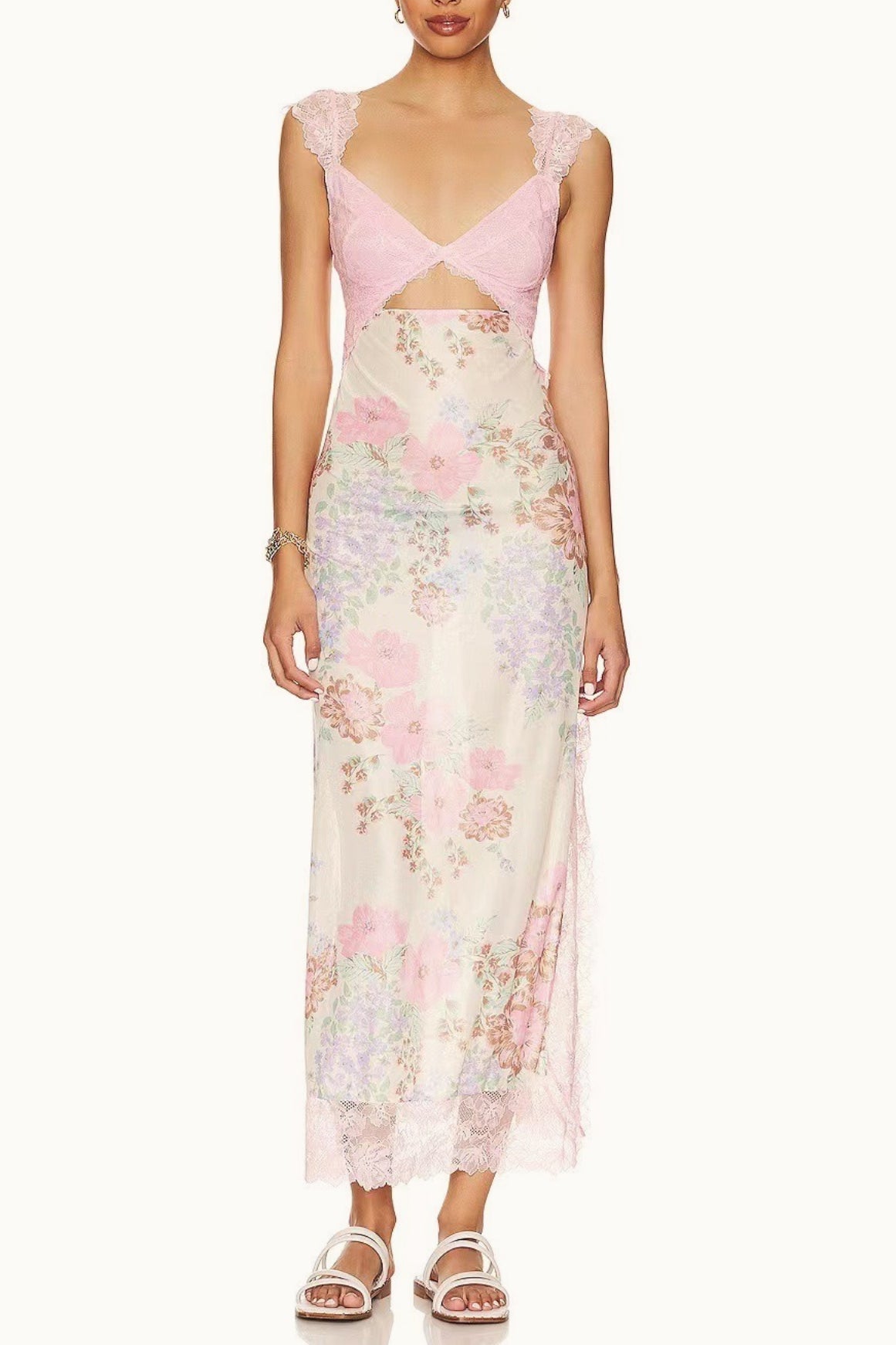 Lace Patchwork Strap Backless Slit Maxi Floral Dress