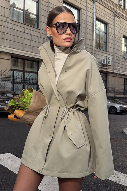 Drawstring Waist Trench Style Coat