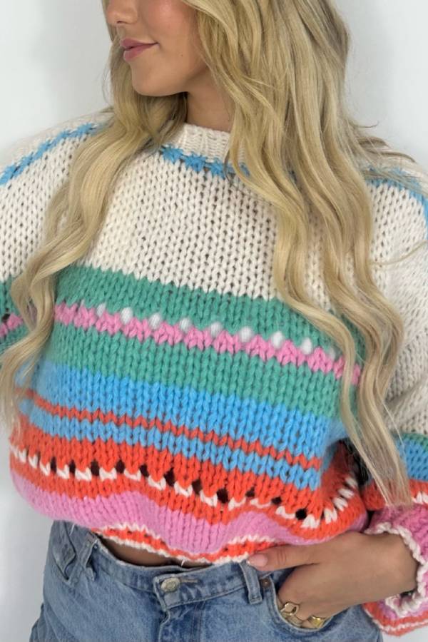 Rainbow Mood Multicolor Round Neck Hollow Long Sleeve Knitted Sweater