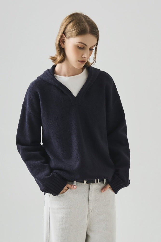 Slouchy V-Neck Hooded Sweater