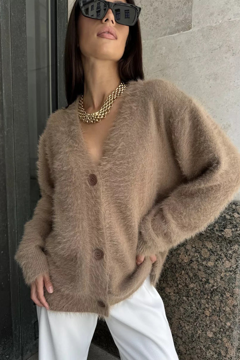Faux Fur V Neck Cardigan