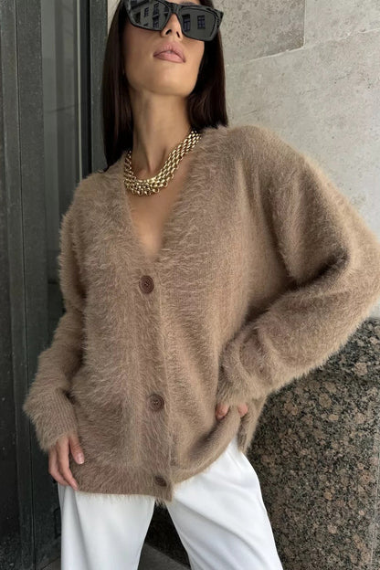 Faux Fur V Neck Cardigan
