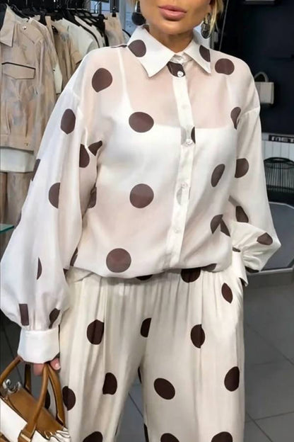 Grazia Polka Dot Sheer Long Balloon Sleeve Shirt and Elastic Waist Pocket Wide Leg Pants Set