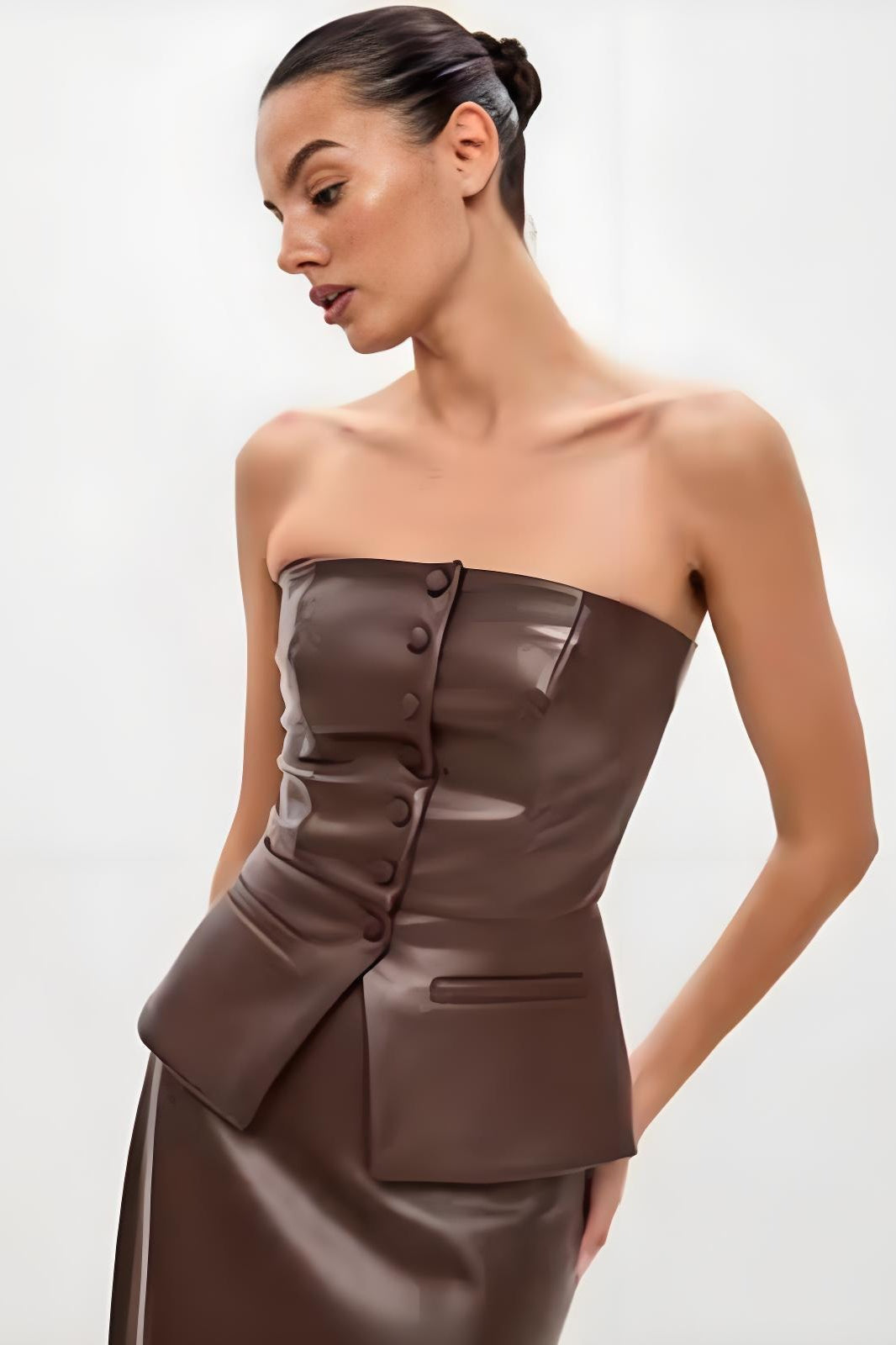 PU Leather Single Breasted Strapless Bustier Tube Top