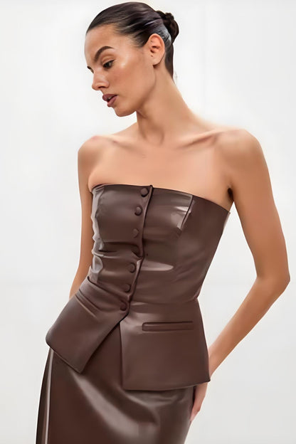 PU Leather Single Breasted Strapless Bustier Tube Top