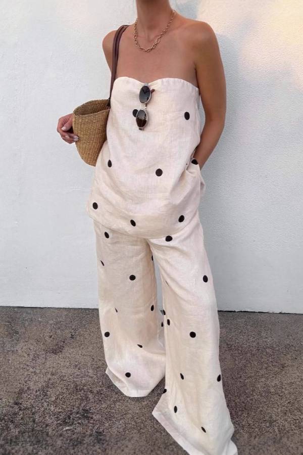 French Polka Dot Linen Tube Top & Wide-Leg Pants Set