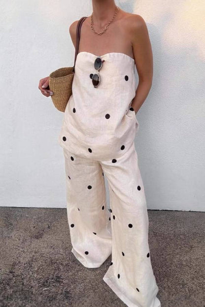 French Polka Dot Linen Tube Top & Wide-Leg Pants Set