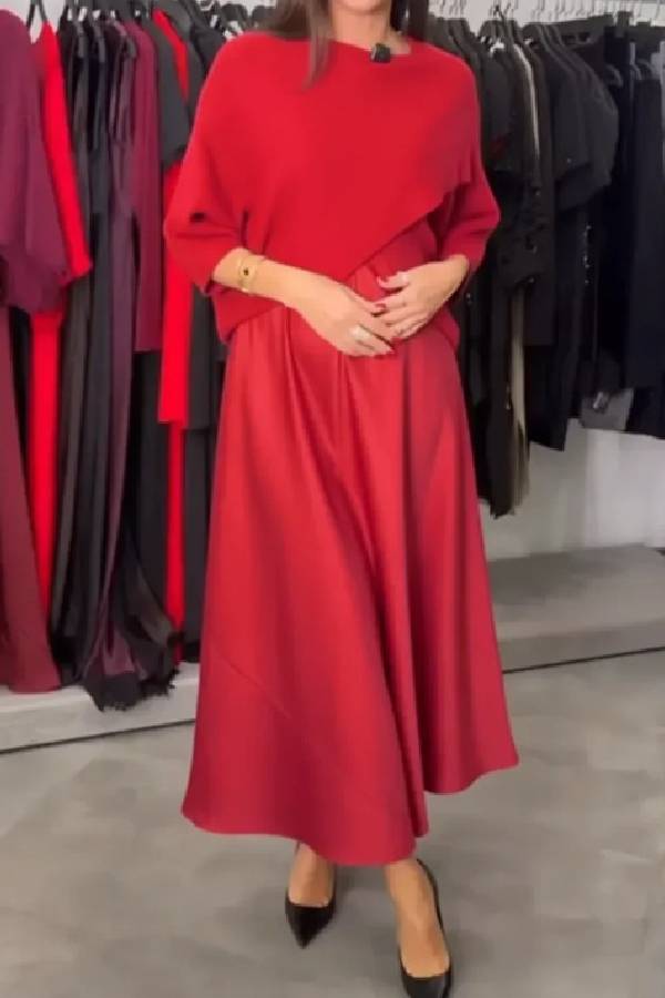Layered Knit Collar Satin Faux Two Piece Midi Dress Elegant Swing Long Dress