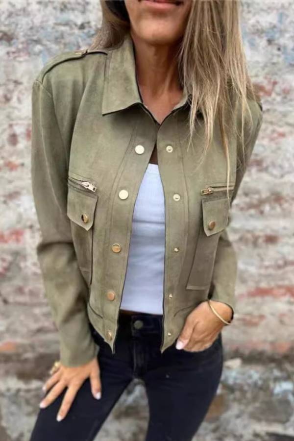 Faux Suede Cargo Collar Cropped Jacket Metal Button Pocket Coat