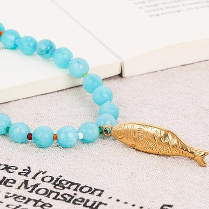 Blue Stone Fish Beaded Necklace
