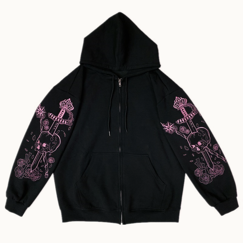Printed Zip Vintage Black Casual Sporty Hoodie
