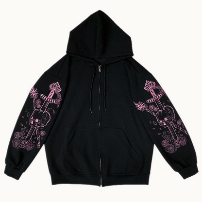 Printed Zip Vintage Black Casual Sporty Hoodie