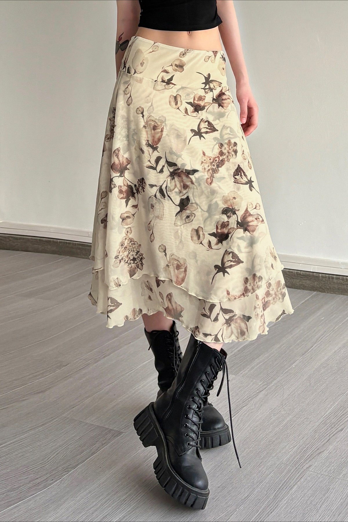 Floral Ruffle Asymmetric Sheer Mesh Vacation Maxi Skirt