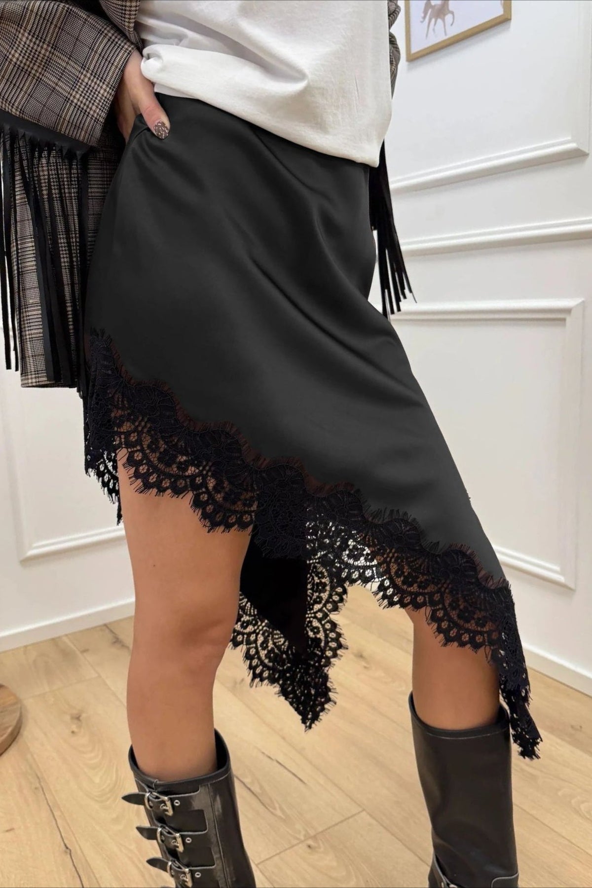 Satin Lace Asymmetric Split Slim A-Line Mini Skirt