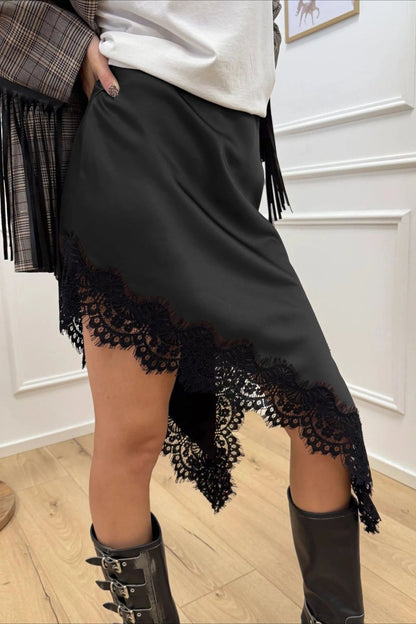 Satin Lace Asymmetric Split Slim A-Line Mini Skirt