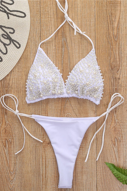 Pearl Decor Halter Triangle Lace Up Bikini Set